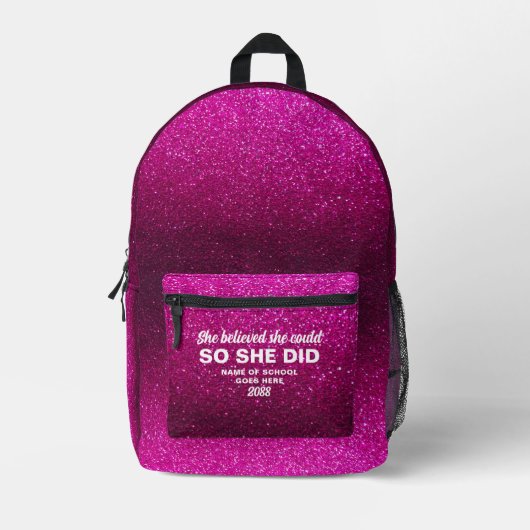 She Believed She Could Hot Pink Glitter Sparkles プリントバックパック (正面)