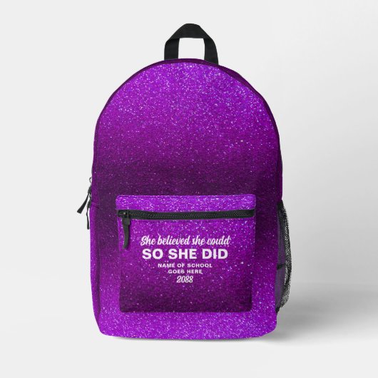 She Believed She Could Purple Glitter Sparkles プリントバックパック (正面)