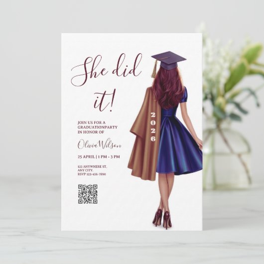 She Did It | Brown Bronze Elegant Graduation Party 招待状 (スタンド正面)