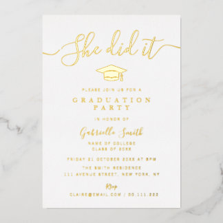 SHE DID IT! Gold Script Graduation Party 箔招待状