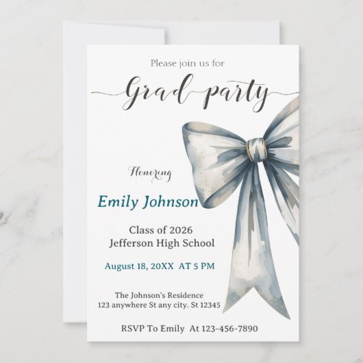 She did it Graduation invitation Photo Blue Bow  招待状 (正面)