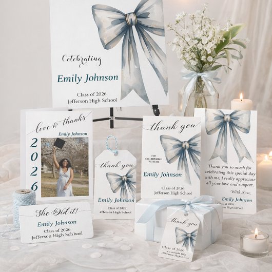 She did it Graduation invitation Photo Blue Bow  招待状