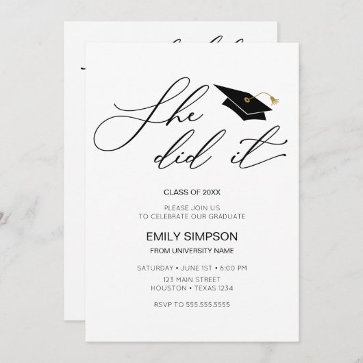 She did it modern Graduation invitation 招待状 (正面/裏面)