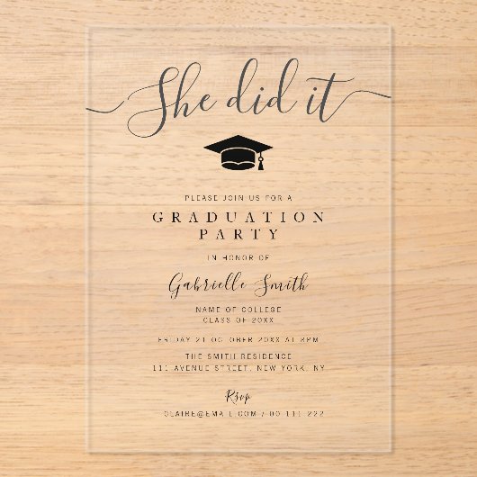 SHE DID IT! Modern Script Graduation Party アクリル招待状 (正面)