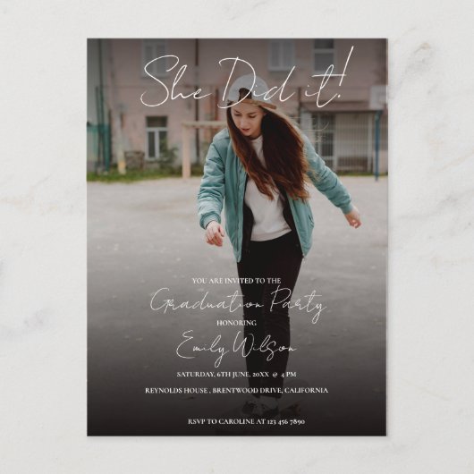 She Did It Multi Photo Graduation Party Invitation ポストカード (正面)