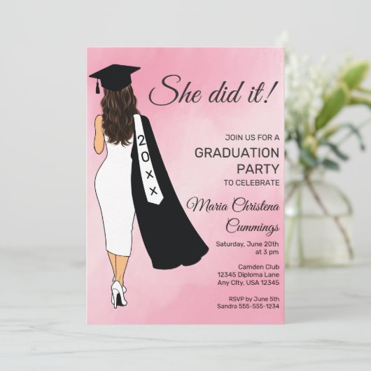 She Did It Pink Graduation Invitation 招待状 (スタンド正面)