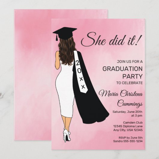 She Did It Pink Graduation Invitation 招待状 (正面/裏面)