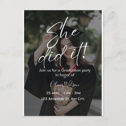 She Did It Script Fully Editable Graduation  インビテーションポストカード (正面)