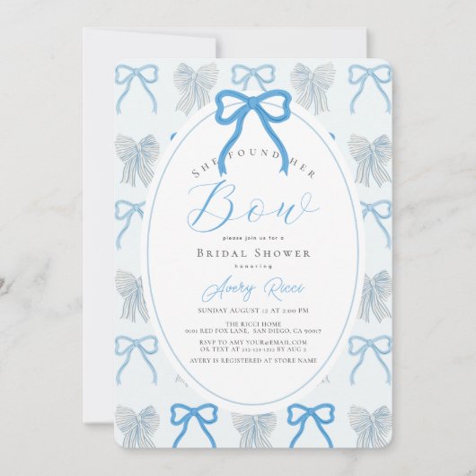 She found her Bow Blue Ribbon Bridal Shower 招待状 (正面)