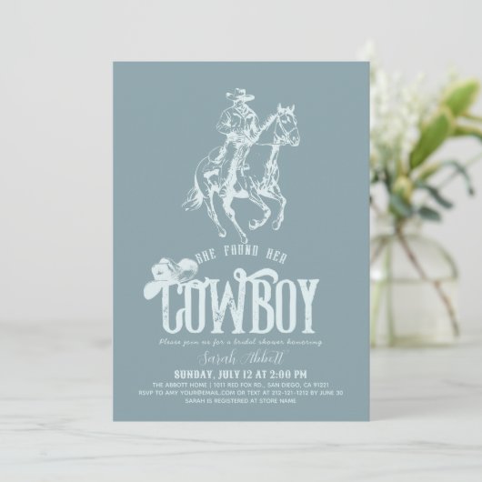 She Found Her Cowboy Dusty Blue Bridal Shower 招待状 (スタンド正面)