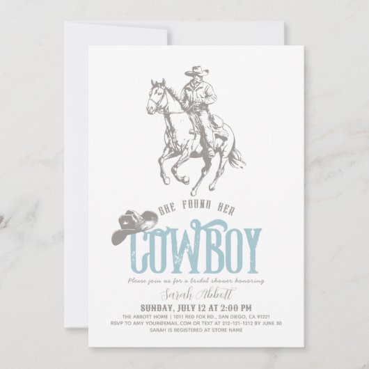 She Found Her Cowboy Pale Blue Bridal Shower 招待状 (正面)