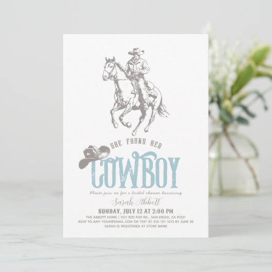 She Found Her Cowboy Pale Blue Bridal Shower 招待状 (スタンド正面)