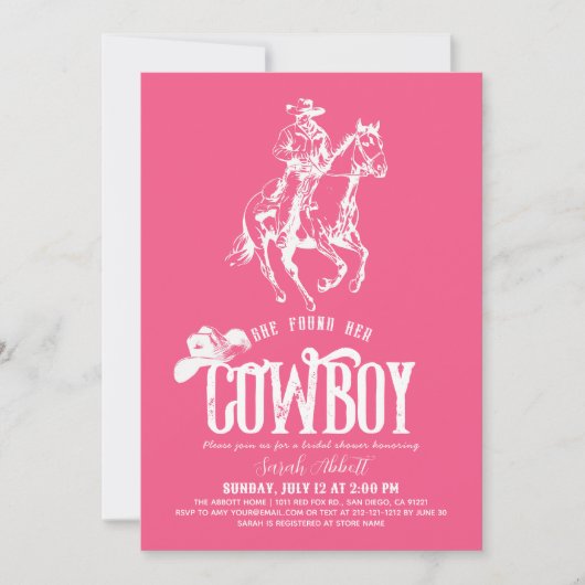She Found Her Cowboy Pink Bridal Shower 招待状 (正面)