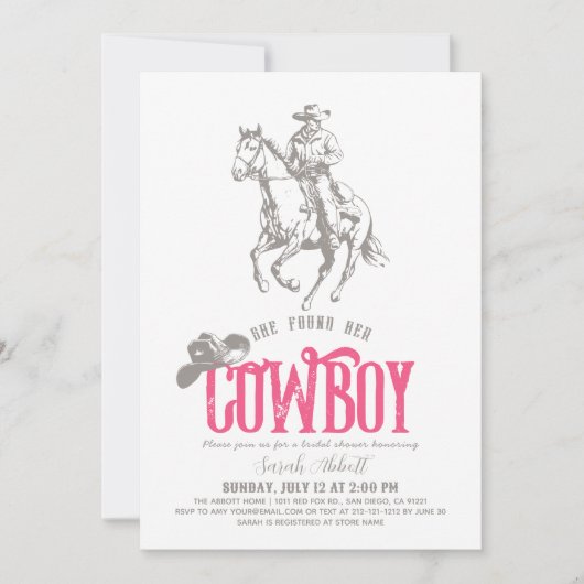 She Found Her Cowboy Pink Bridal Shower 招待状 (正面)