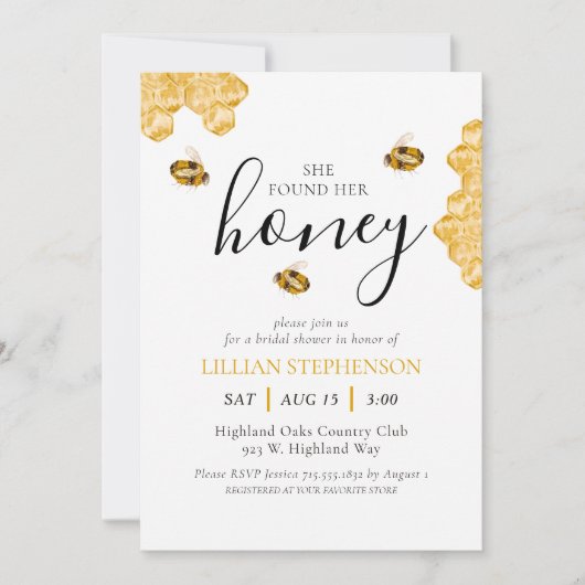 She Found Her Honey Bee Themed Bridal Shower 招待状 (正面)