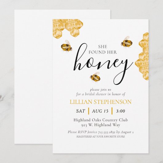 She Found Her Honey Bee Themed Bridal Shower 招待状 (正面/裏面)