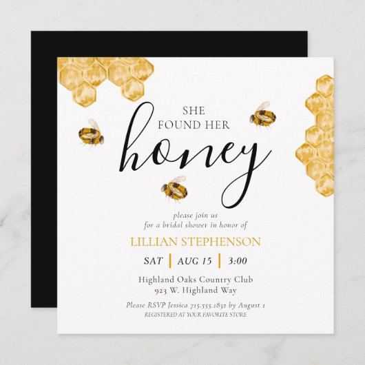 She Found Her Honey Bee Themed Bridal Shower 招待状 (正面/裏面)