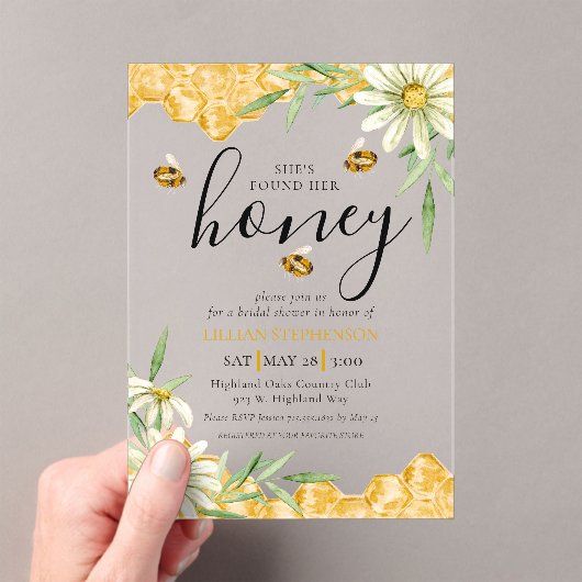 She Found Her Honey Bee Themed Daisy Bridal Shower アクリル招待状 (インサイチュ (ポータブル))