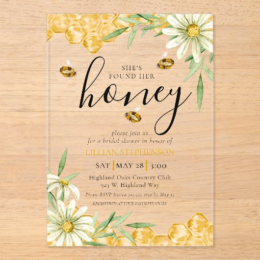 She Found Her Honey Bee Themed Daisy Bridal Shower アクリル招待状 (正面)