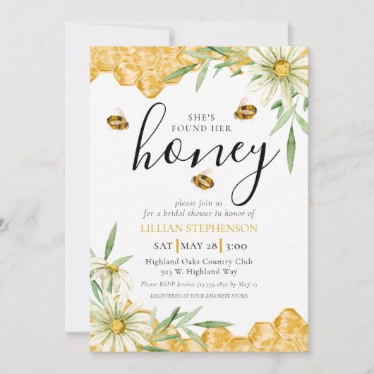 She Found Her Honey Bee Themed Daisy Bridal Shower 招待状 (正面)