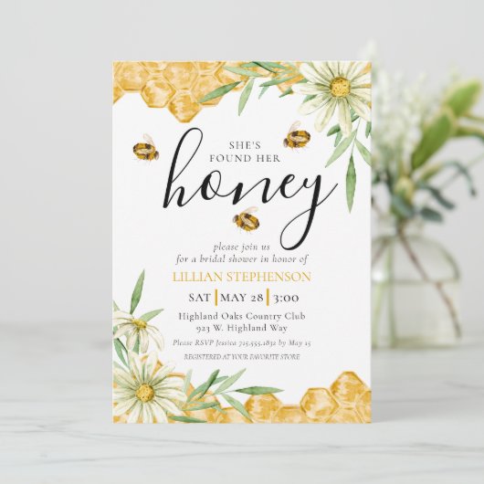 She Found Her Honey Bee Themed Daisy Bridal Shower 招待状 (スタンド正面)