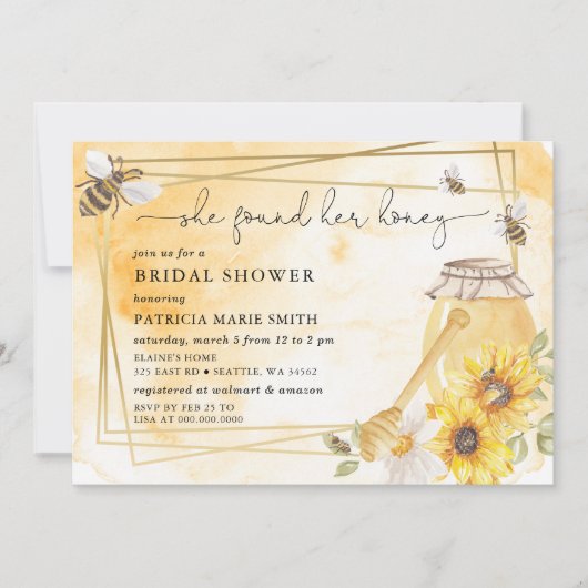 She Found Her Honey Floral Bee Bridal Shower 招待状 (正面)