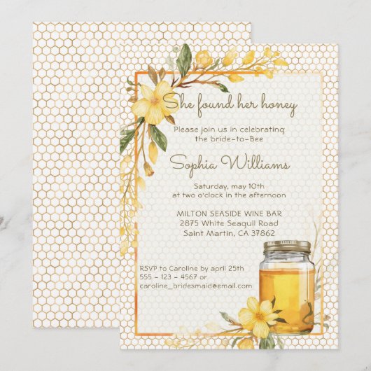 She Found Her Honey Yellow Floral Bridal Shower 招待状 (正面/裏面)