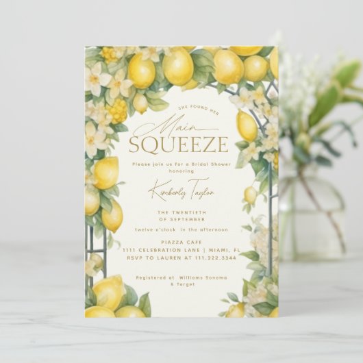 She Found Her Main Squeeze Lemon Bridal Shower 招待状 (スタンド正面)