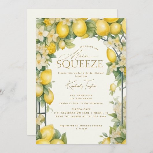 She Found Her Main Squeeze Lemon Bridal Shower 招待状 (正面/裏面)