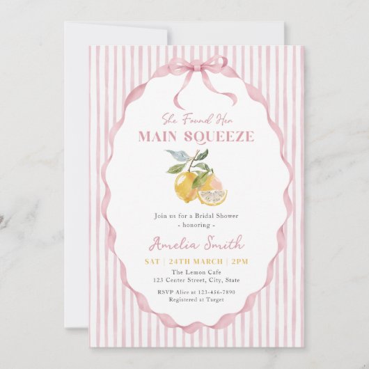 She Found Her Main Squeeze Lemon Bridal Shower 招待状 (正面)