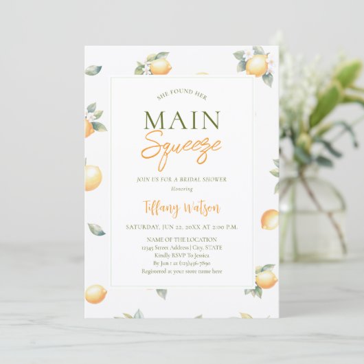 She Found Her Main Squeeze Lemon Bridal Shower 招待状 (スタンド正面)