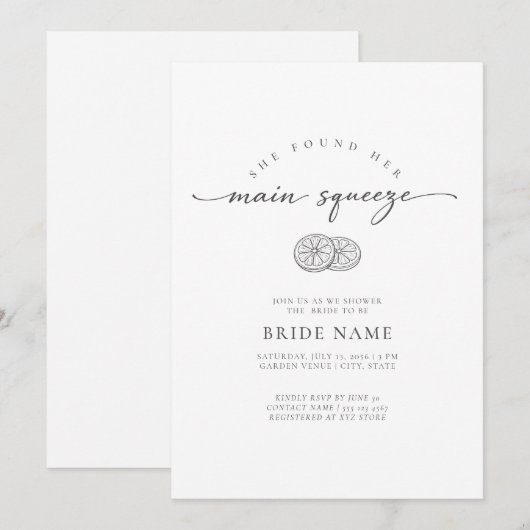 She Found Her Main Squeeze Lemon Bridal Shower 招待状 (正面/裏面)