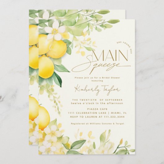 She Found Her Main Squeeze Lemon Bridal Shower Inv 招待状 (正面/裏面)