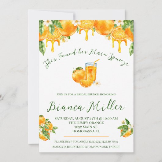 She Found Her Main Squeeze Orange Bridal Shower 招待状 (正面)