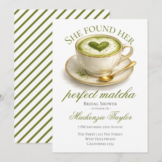 She Found Her Perfect Matcha Bridal Shower 招待状 (正面/裏面)