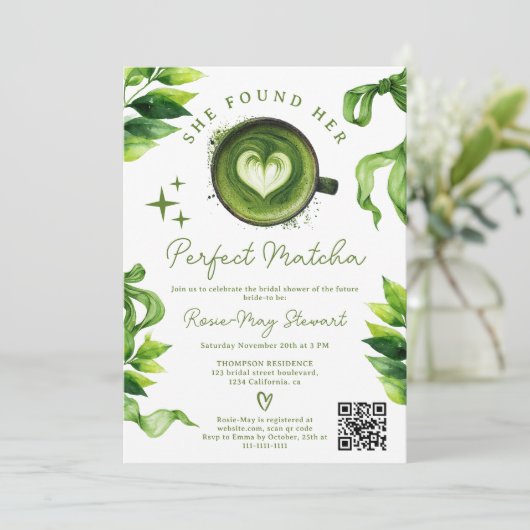 She Found Her Perfect Matcha Green Tea Qr Bridal  招待状 (スタンド正面)