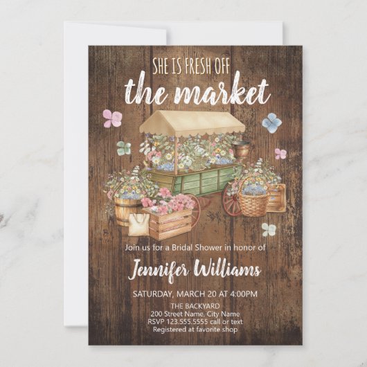 She is fresh off the market rustic bridal shower 招待状 (正面)