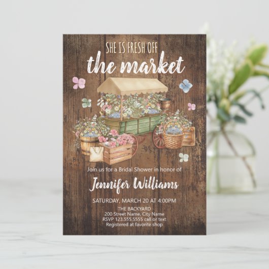 She is fresh off the market rustic bridal shower 招待状 (スタンド正面)