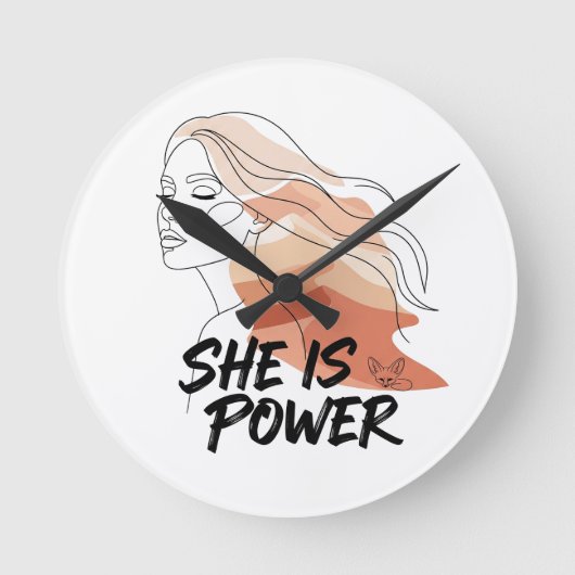 She Is Power - 砂漠の色調の女性的な線画アート ラウンド壁時計 (正面)