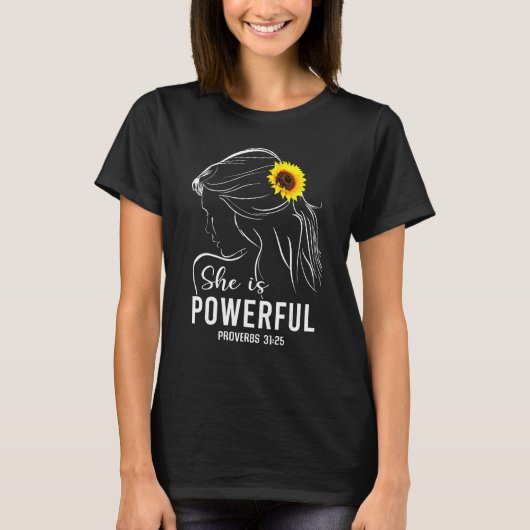 She Is Powerful Bible Verse Religious  for Women Tシャツ (正面)