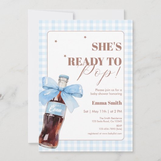 She Is Ready to Pop Blue Soda Pop Baby Shower サンキューカード (正面)