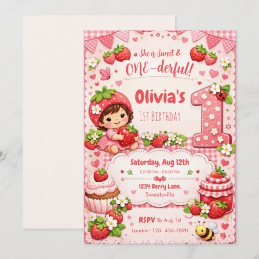 She is Sweet and Onederful 1st Birthday Invitation 招待状 (正面/裏面)