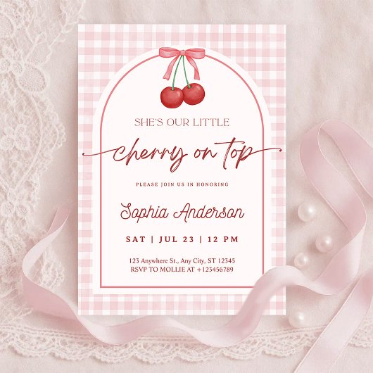 She is the Cherry on Top Gingham Baby Shower 招待状