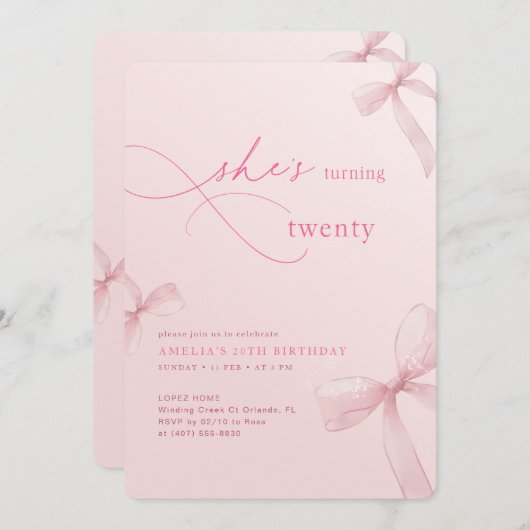 She is Turning Twenty Bow Ribbon 20th Birthday 招待状 (正面/裏面)