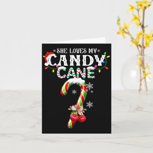 She Loves My Candy Cane I Like Her Peppermint Xmas カード (黄色い花)