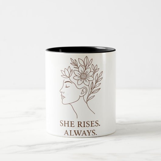 She Rises. Always — Minimalist Empowerment Design ツートーンマグカップ (中央)