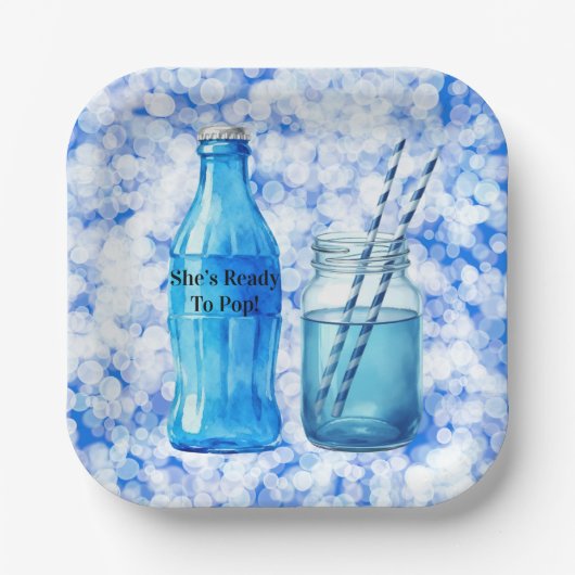 She’s Ready To Pop Blue Boy Baby Shower ペーパープレート (正面)