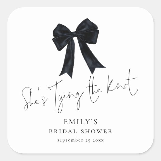 She’s Tying The Knot Black Bow Bridal Shower スクエアシール (正面)