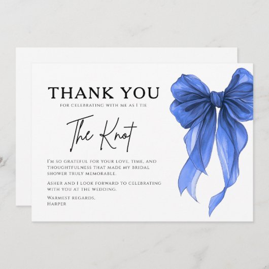 She’s Tying The Knot Blue Bow Bridal Shower サンキューカード (正面/裏面)