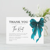 She’s Tying The Knot Turquoise Bow Bridal Shower サンキューカード (スタンド正面)